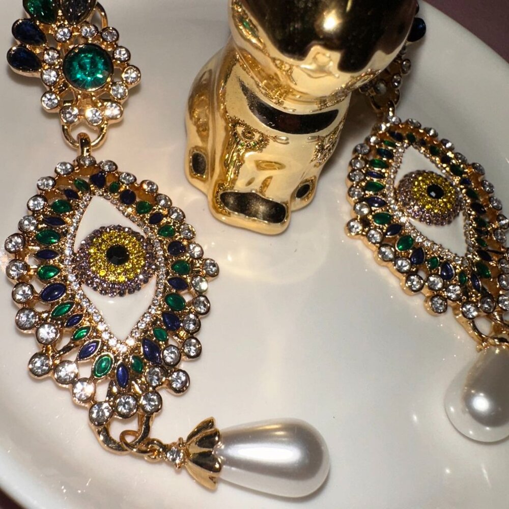 Ornate Evil Eye Gold Tone Statement Earrings with Crystal - Picture 5 of 8
